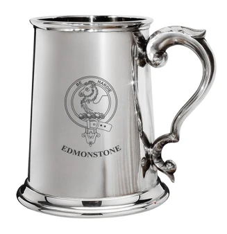 Edmonstone Family Crest Polished Pewter 1 Pint Tankard with Scroll handle