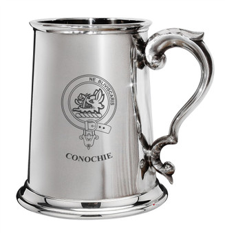 Conochie Family Crest Polished Pewter 1 Pint Tankard with Scroll handle