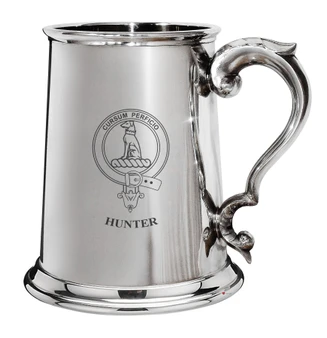 Hunter Family Crest Polished Pewter 1 Pint Tankard with Scroll handle