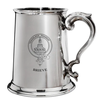 Brieve Family Crest Polished Pewter 1 Pint Tankard with Scroll handle