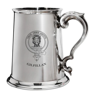 Gilfillan Family Crest Polished Pewter 1 Pint Tankard with Scroll handle
