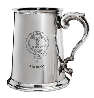 Addison Family Crest Polished Pewter 1 Pint Tankard with Scroll handle