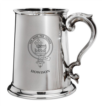Howison Family Crest Polished Pewter 1 Pint Tankard with Scroll handle