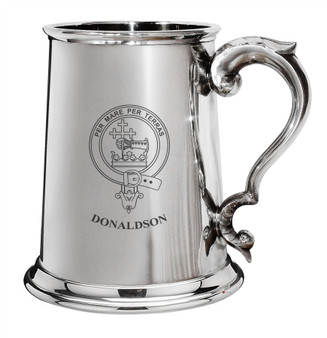 Donaldson Family Crest Polished Pewter 1 Pint Tankard with Scroll handle