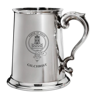 Gilchrist Family Crest Polished Pewter 1 Pint Tankard with Scroll handle