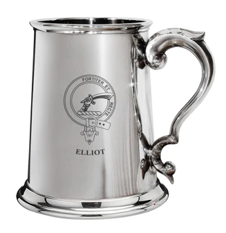 Elliot Family Crest Polished Pewter 1 Pint Tankard with Scroll handle