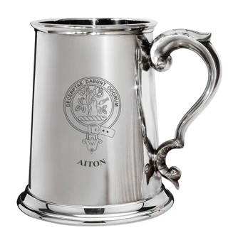 Aiton Family Crest Polished Pewter 1 Pint Tankard with Scroll handle
