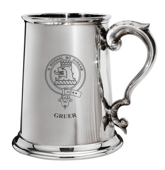 Gruer Family Crest Polished Pewter 1 Pint Tankard with Scroll handle
