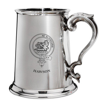 Hawson Family Crest Polished Pewter 1 Pint Tankard with Scroll handle