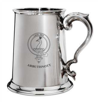 Arbuthnott Family Crest Polished Pewter 1 Pint Tankard with Scroll handle