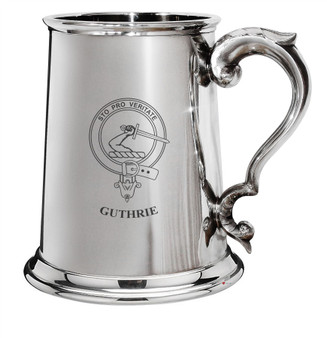 Guthrie Family Crest Polished Pewter 1 Pint Tankard with Scroll handle