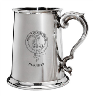 Burnett Family Crest Polished Pewter 1 Pint Tankard with Scroll handle
