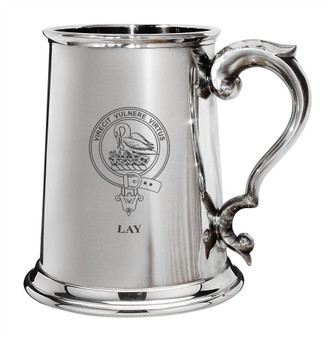 Lay Family Crest Polished Pewter 1 Pint Tankard with Scroll handle