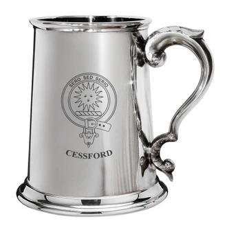 Cessford Family Crest Polished Pewter 1 Pint Tankard with Scroll handle