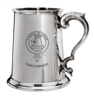 Gregorson Family Crest Polished Pewter 1 Pint Tankard with Scroll handle