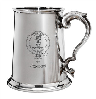 Fenton Family Crest Polished Pewter 1 Pint Tankard with Scroll handle