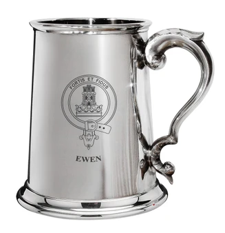 Ewen Family Crest Polished Pewter 1 Pint Tankard with Scroll handle