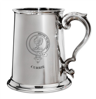 Currie Family Crest Polished Pewter 1 Pint Tankard with Scroll handle