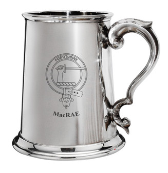 MacRae Family Crest Polished Pewter 1 Pint Tankard with Scroll handle