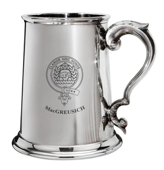 MacGreusich Family Crest Polished Pewter 1 Pint Tankard with Scroll handle
