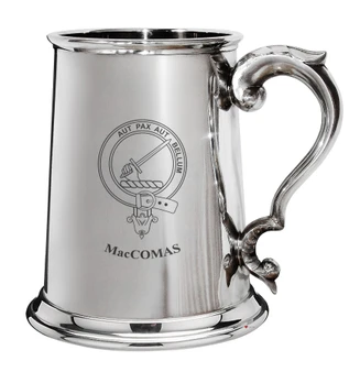 MacComas Family Crest Polished Pewter 1 Pint Tankard with Scroll handle