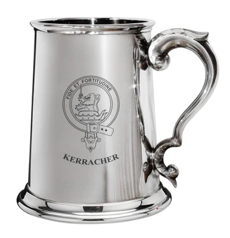 Kerracher Family Crest Polished Pewter 1 Pint Tankard with Scroll handle