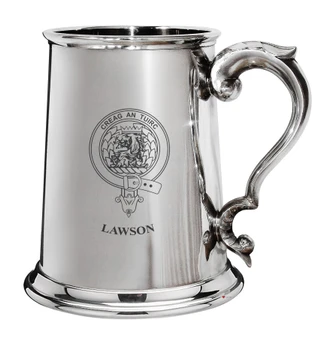Lawson Family Crest Polished Pewter 1 Pint Tankard with Scroll handle