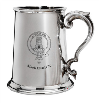 MacKenrick Family Crest Polished Pewter 1 Pint Tankard with Scroll handle