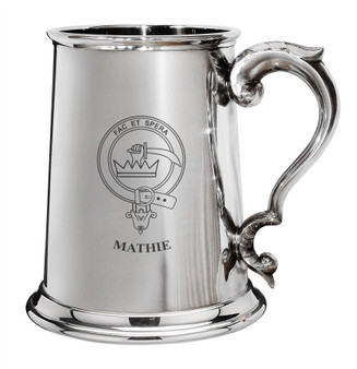 Mathie Family Crest Polished Pewter 1 Pint Tankard with Scroll handle