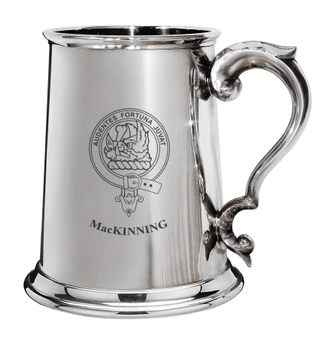 MacKinning Family Crest Polished Pewter 1 Pint Tankard with Scroll handle