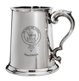 MacSwen Family Crest Polished Pewter 1 Pint Tankard with Scroll handle