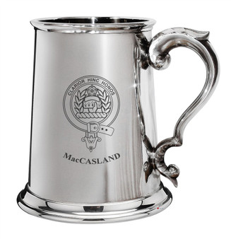 MacCasland Family Crest Polished Pewter 1 Pint Tankard with Scroll handle