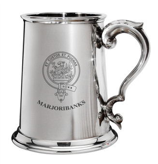 Marjoribanks Family Crest Polished Pewter 1 Pint Tankard with Scroll handle