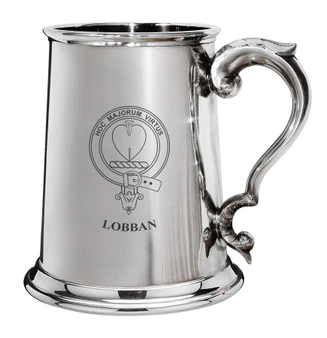 Lobban Family Crest Polished Pewter 1 Pint Tankard with Scroll handle