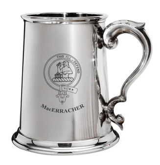 MacErracher Family Crest Polished Pewter 1 Pint Tankard with Scroll handle