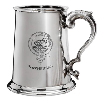 MacPhedran Family Crest Polished Pewter 1 Pint Tankard with Scroll handle