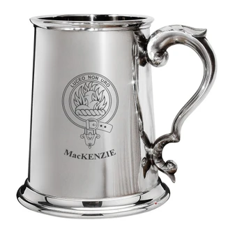MacKenzie Family Crest Polished Pewter 1 Pint Tankard with Scroll handle