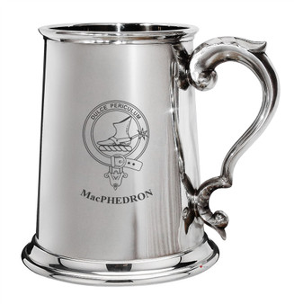 MacPhedron Family Crest Polished Pewter 1 Pint Tankard with Scroll handle