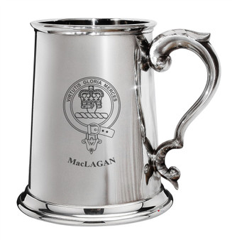 MacLagan Family Crest Polished Pewter 1 Pint Tankard with Scroll handle