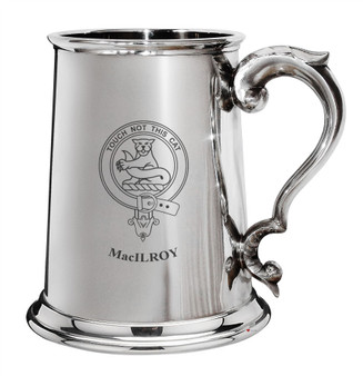MacIlroy Family Crest Polished Pewter 1 Pint Tankard with Scroll handle