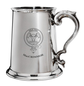MacCrimmor Family Crest Polished Pewter 1 Pint Tankard with Scroll handle