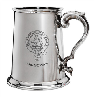 MacGowan Family Crest Polished Pewter 1 Pint Tankard with Scroll handle