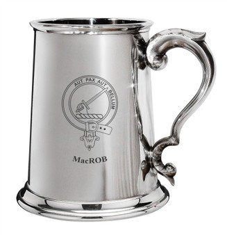 MacRob Family Crest Polished Pewter 1 Pint Tankard with Scroll handle