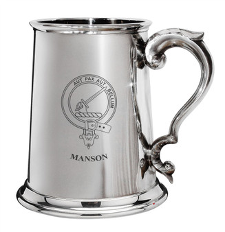 Manson Family Crest Polished Pewter 1 Pint Tankard with Scroll handle