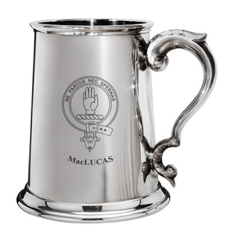 MacLucas Family Crest Polished Pewter 1 Pint Tankard with Scroll handle