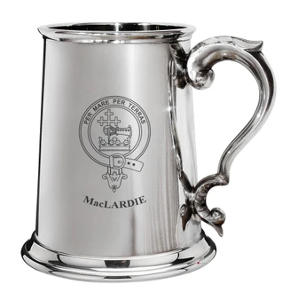 MacLardie Family Crest Polished Pewter 1 Pint Tankard with Scroll handle