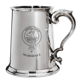 Marshall Family Crest Polished Pewter 1 Pint Tankard with Scroll handle