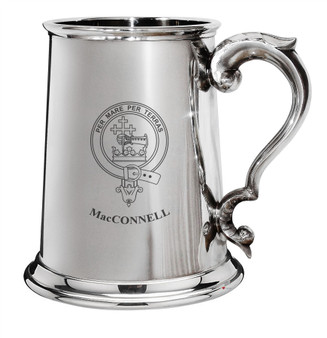 MacConnell Family Crest Polished Pewter 1 Pint Tankard with Scroll handle