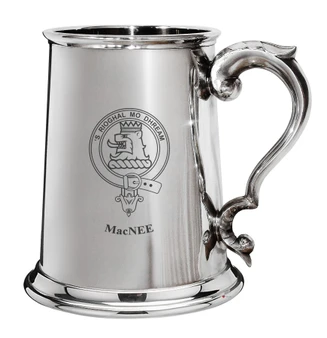 MacNee Family Crest Polished Pewter 1 Pint Tankard with Scroll handle