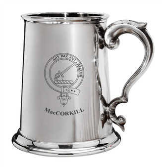 MacCorkill Family Crest Polished Pewter 1 Pint Tankard with Scroll handle